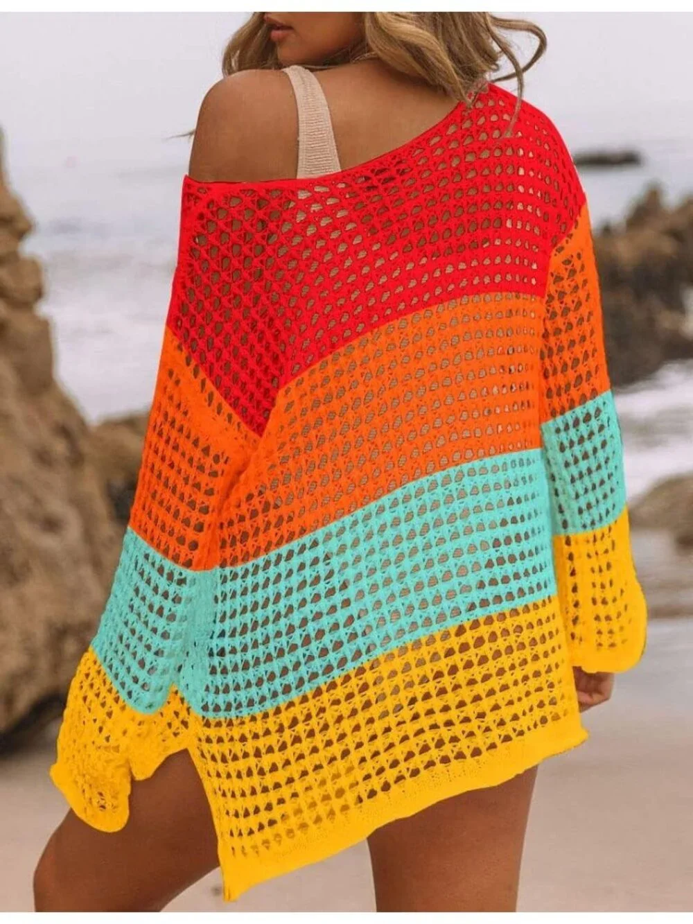 Women's Multicolor Hollow Out Knit Crochet Imported Polyester Swim Cover Up